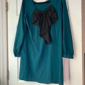 Teal Green Dress with Scoop Back and Large Black Bow by Cable & Gauge